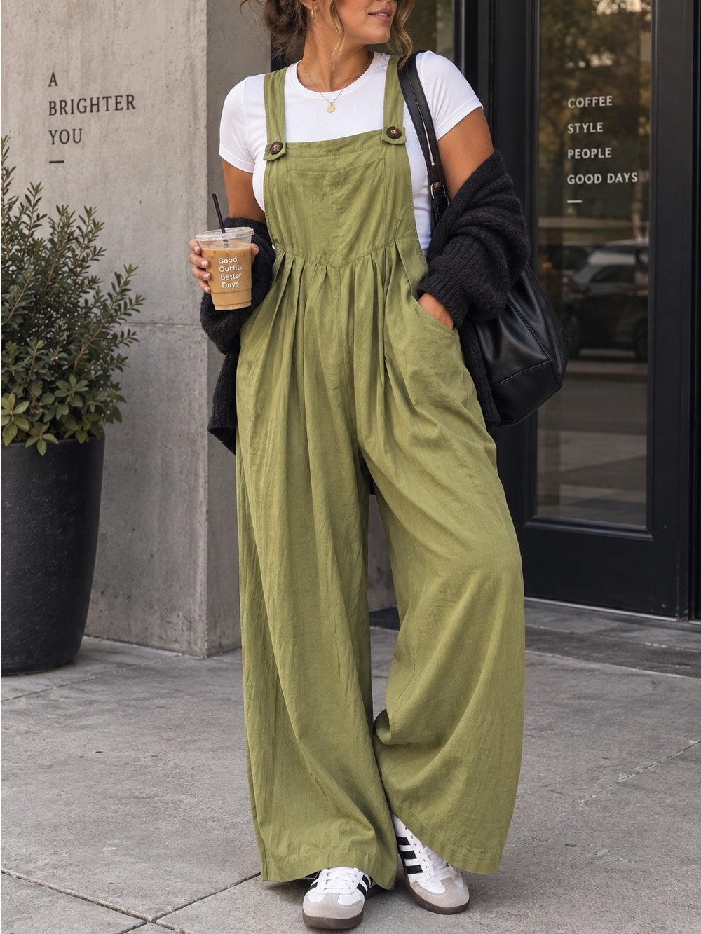 Moss Green Wide Leg Jumpsuit Pleated Waist Utility Overalls Adjustable Straps